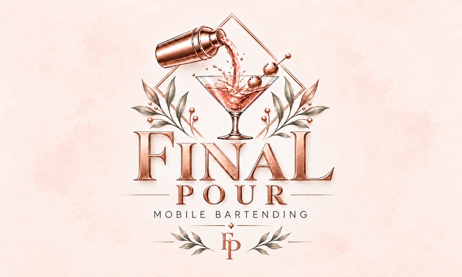 Final Pour rose-gold mobile bartending logo with a cocktail being poured